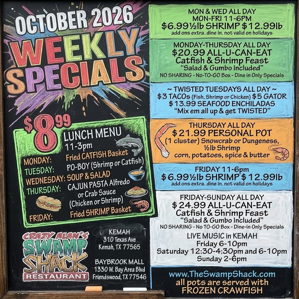 Chalkboard menu advertising Crazy Alan’s Swamp Shack October 2026 seafood specials, including shrimp, catfish, crawfish, tacos, and live music.