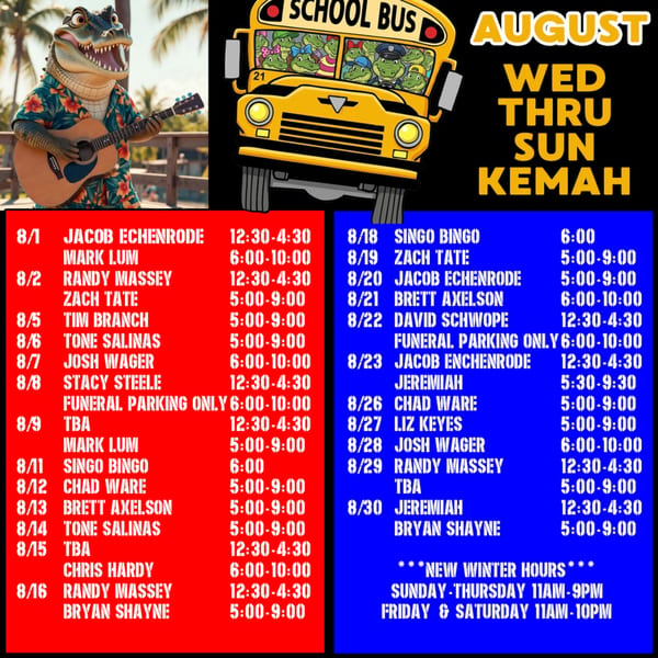 August event schedule featuring a guitar-playing alligator, a school bus of alligators, and daily performances.