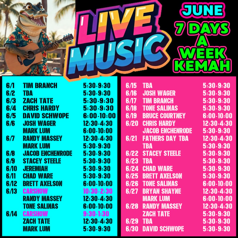 A cartoon alligator in a Hawaiian shirt plays guitar, advertising June live music at Kemah.
