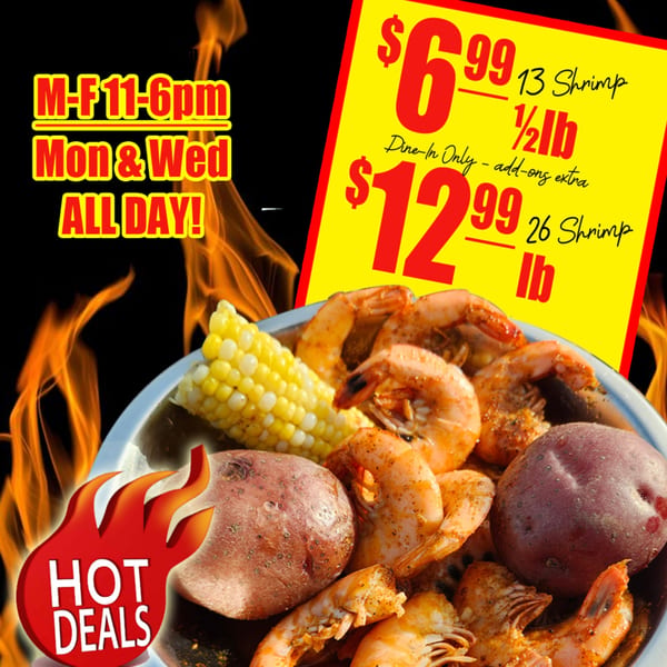 Shrimp, corn, and potatoes in a bowl, with "Hot Deals" and pricing information on a fiery background.