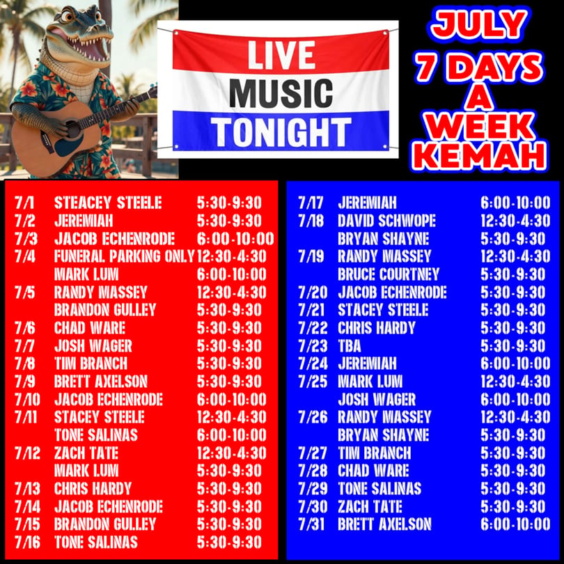 A crocodile mascot in a Hawaiian shirt plays guitar, next to a "Live Music Tonight" banner and a July schedule.
