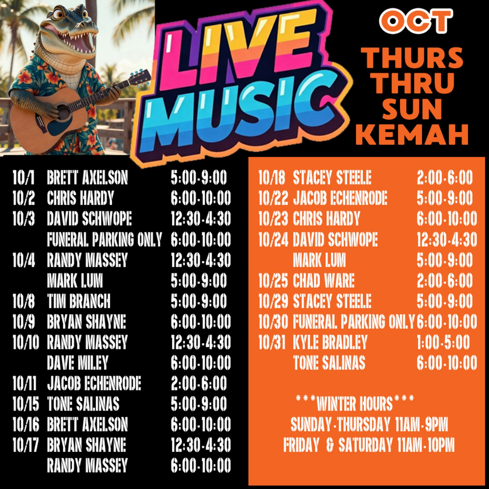 Live music schedule featuring an alligator guitarist, October performers, showtimes, and winter hours for Kemah.