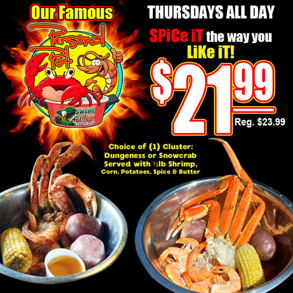 Crazy Alan's Swamp Shack ad for a personal pot with crab, shrimp, corn, and potatoes.