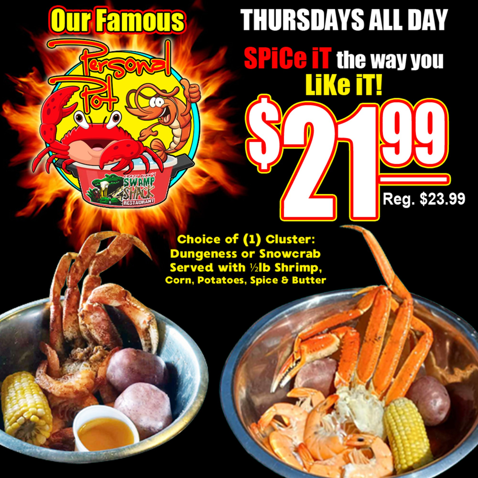 Crazy Alan's Swamp Shack ad for a personal pot with crab, shrimp, corn, and potatoes.