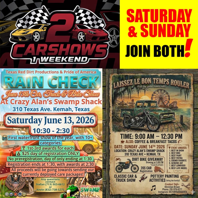 A collage of four car show flyers, with details about dates, times, and activities.